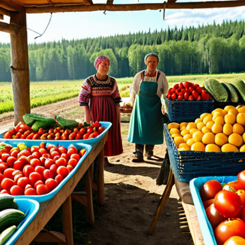 Home 14 **
A vibrant farmer's market scene in the Russian countryside. Stalls overflow with colorful organic produce like tomatoes, cucumbers, herbs, and honey. Farmers in traditional clothing proudly display their goods. In the background, rolling fields stretch towards the horizon. Sunlight streams through the scene, creating a warm and inviting atmosphere. Focus on showing a diverse range of locally grown products and happy customers. Style: Realistic, high-resolution.
**