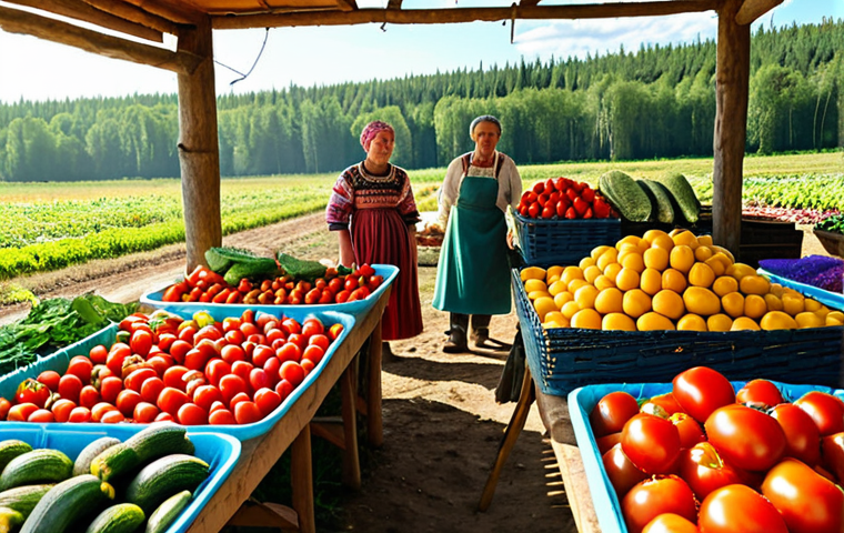 **

A vibrant farmer's market scene in the Russian countryside. Stalls overflow with colorful organic produce like tomatoes, cucumbers, herbs, and honey.  Farmers in traditional clothing proudly display their goods.  In the background, rolling fields stretch towards the horizon.  Sunlight streams through the scene, creating a warm and inviting atmosphere. Focus on showing a diverse range of locally grown products and happy customers.  Style: Realistic, high-resolution.

**