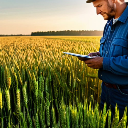 Home 9 **Prompt:** "A diligent agronomist, fully clothed in practical work attire, examining a healthy wheat field, golden hour lighting, safe for work, appropriate content, perfect anatomy, professional, family-friendly, showcasing advanced farming techniques."
