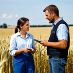 농업경영사와 농업 경영 컨설팅 - **Prompt:** A professional agronomist in a modest outfit, consulting with a farmer in a wheat field,...