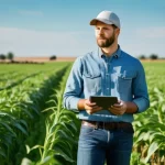 농업경영사 시험일정 확인 및 준비 방법 - A dynamic, eye-level shot of a modern farmer, a man in his late 30s, dressed in a clean, practical w...