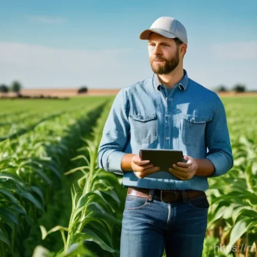 농업경영사 시험일정 확인 및 준비 방법 - A dynamic, eye-level shot of a modern farmer, a man in his late 30s, dressed in a clean, practical w...
