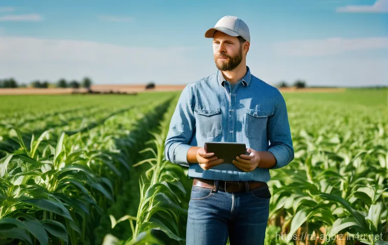 농업경영사 시험일정 확인 및 준비 방법 - A dynamic, eye-level shot of a modern farmer, a man in his late 30s, dressed in a clean, practical w...
