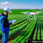 Home 19 농업경영사 직무별 역할과 책임 - A high-tech agricultural field scene showcasing a drone flying over vast green crop fields in Russia...
