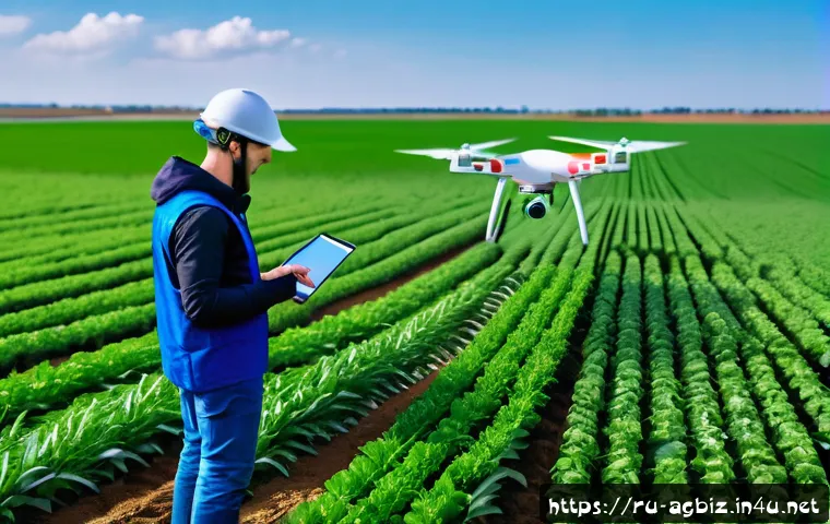 농업경영사 직무별 역할과 책임 - A high-tech agricultural field scene showcasing a drone flying over vast green crop fields in Russia...