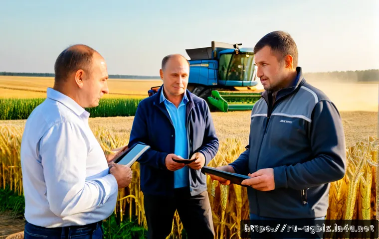 농업경영사 실무의 사례 연구 - Photorealistic agricultural business case study scene in rural Russia, a middle-aged farm manager in...